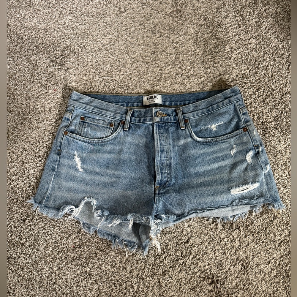 Agolde Light Wash Distressed Denim Cutoff Shorts (Size 32)